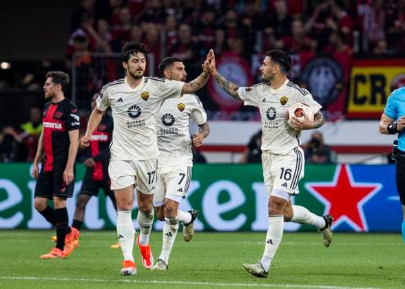 Leverkusen, Bayarena, 09 05 2024 Leandro Paredes of Roma R celebrates scoring the 1 0 goal during the Europa League match Europa League Bayer 04 Leverkusen vs AS Roma
