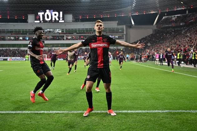 08 05 2024, xjrdrx, Football UEFA Europa League, Bayer 04 Leverkusen AS Roma emspor, v l Jospi Stanisic Bayer Leverkusen celebrate the goal, Der Torjubel zum 2 2 DFL DFB REGULATIONS PROHIBIT ANY USE OF PHOTOGRAPHS as IMAGE SEQUENCES and or QUASI VIDEO Leverkusen