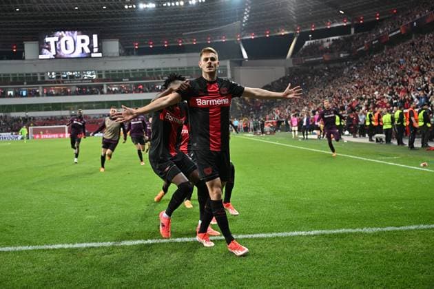 08 05 2024, xjrdrx, Football UEFA Europa League, Bayer 04 Leverkusen AS Roma emspor, v l Jospi Stanisic Bayer Leverkusen celebrate the goal, Der Torjubel zum 2 2 DFL DFB REGULATIONS PROHIBIT ANY USE OF PHOTOGRAPHS as IMAGE SEQUENCES and or QUASI VIDEO Leverkusen