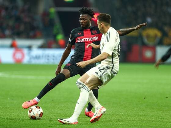 Edmond Faycial Tapsoba Bayer 04 Leverkusen, 12 in duel against Stephan El Shaarawy AS Roma, 92 , GER, Bayer 04 Leverkusen vs AS Roma, UEFA Europa League 2023 24, semi-final second leg, 09 05 2024, GER, Bayer 04 Leverkusen vs AS Roma, UEFA Europa League 2023 24, semi-final second leg, 09 05 2024, Photo Eibner Pressefoto Gabriel Boia Leverkusen Copyright: xGabrielxBoiax EP_EER
