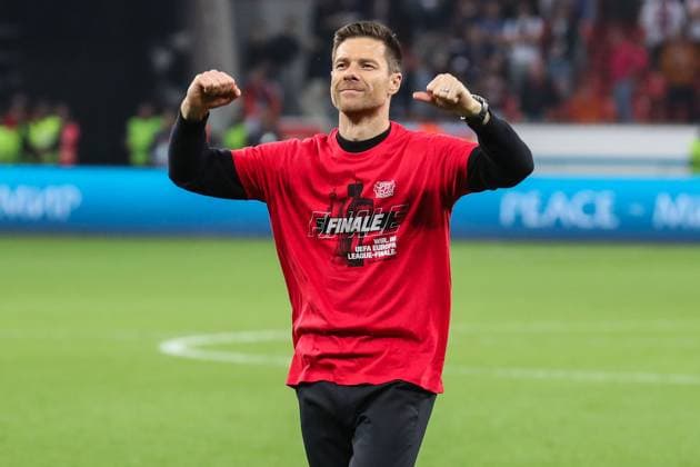 Europa League Bayer 04 Leverkusen AS Roma on 09 05 2024 at the BayArena in Leverkusen Coach Xabi Alonso Leverkusen celebrates and is delighted to have reached the final MH