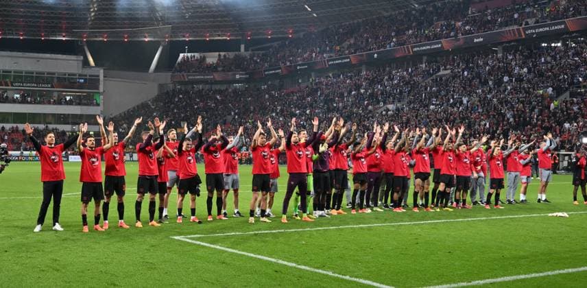 Leverkusen players celebrate reaching the final 09 05 2024, Football Europa League, Season 2023 2024, Semi-final second leg, Bayer 04 Leverkusen AS Roma Leverkusen BayArena Nordrhein Westfalen Germany Team2