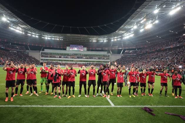 The players of Bayer 04 Leverkusen are happy about reaching the Europa League final during the Europa League semi-final second leg Bayer 04 Leverkusen AS Rome Copyright Thomas Pakusch Copyright: Thomas Pakusch