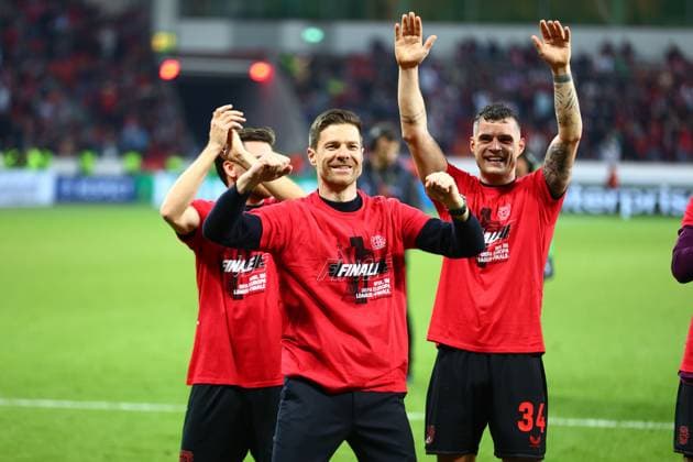 Bayer 04 Leverkusen vs AS Roma, Football, Europa League, Semi-final, Second leg, 09 05 2024 Head coach Xabi Alonso Bayer 04 Leverkusen celebrates reaching the final Leverkusen NRW Germany Copyright: xkolbert-press AntxPalmerx