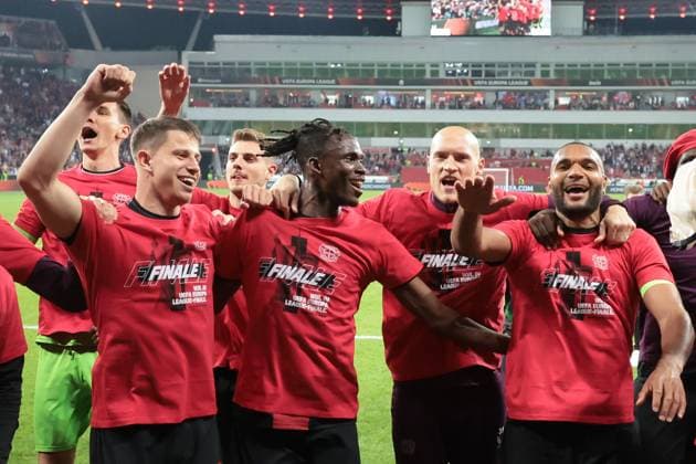 The players of Bayer 04 Leverkusen are happy about reaching the Europa League final during the Europa League semi-final second leg Bayer 04 Leverkusen AS Roma Copyright Thomas Pakusch Copyright: Thomas Pakusch