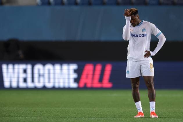 Bergamo, Italy, 9th May 2024. Faris Moumbagna of Olympique De Marseille reacts following the final whistle of the UEFA Europa League match at Gewiss Stadium, Bergamo. Picture credit should read: Jonathan Moscrop Sportimage EDITORIAL USE ONLY. No use with unauthorised audio, video, data, fixture lists, club league logos or live services. Online in-match use limited to 120 images, no video emulation. No use in betting, games or single club league player publications. SPI-3122-0012