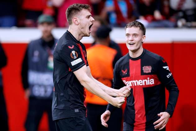 STANISIC Josip Team Bayer 04 Leverkusen cheers after his goal to 2 2 with WIRTZ Florian UEFA Europa League Season 2023 2024 Semi-Final Second Leg Match Bayer 04 Leverkusen AS Roma 2 2 on 09 05 2024 in Leverkusen DFL REGULATIONS PROHIBIT ANY USE OF PHOTOGRAPHS as IMAGE SEQUENCES and or QUASI VIDEO Copyright: xLacixPerenyix