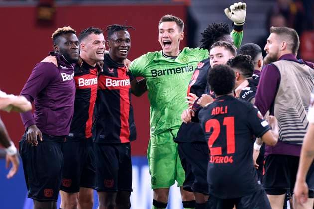 XHAKA Granit Team Bayer 04 Leverkusen at the final cheer with BONIFACE Victor, TAPSOBA , goalkeeper KOVAR Matej with WIRTZ and ADLI UEFA Europa League season 2023 2024 semi-final second leg match Bayer 04 Leverkusen AS Roma 2 2 on 09 05 2024 in Leverkusen DFL REGULATIONS PROHIBIT ANY USE OF PHOTOGRAPHS as IMAGE SEQUENCES and or QUASI VIDEO Copyright: xLacixPerenyix