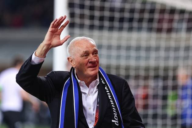 BERGAMO, ITALY - MAY 09: Antonio Percassi (president Atalanta BC) celebrates at the end of the Europa League football match between Atalanta and Marseille on May 09, 2024, at the Gewiss Stadium in Bergamo, Italy. (Photo by Stefano Nicoli Speed Media Icon Sportswire) SOCCER: MAY 09 Europa League - Atalanta v Marseille EDITORIAL USE ONLY Icon2405090081