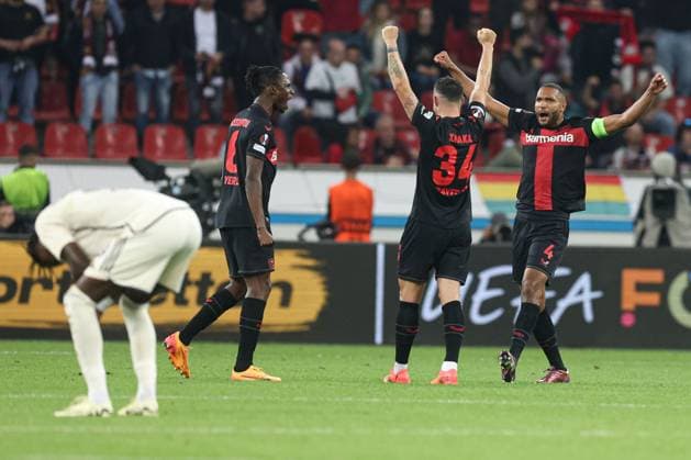 Jonathan Tah of Bayer Leverkusen celebrates on the final whistle Bayer 04 Leverkusen v Roma, UEFA Europa League, Semi Final, Second Leg Football, BayArena, Leverkusen, Germany - 09 May 2024 EDITORIAL USE ONLY No use with unauthorised audio, video, data, fixture lists, club league logos or live services. Online in-match use limited to 120 images, no video emulation. No use in betting, games or single club league player publications.  Copyright: xPaulxCurrie Shutterstockx 14470736ie