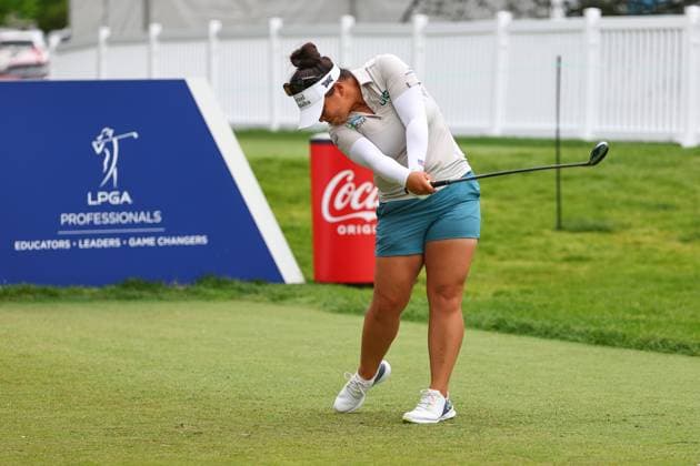 CLIFTON, NJ - MAY 09: Megan Kang of the United States plays her shot from the tenth tee during the first round of the Cognizant Founders Cup at Upper Montclair Country Club on May 09, 2024 in Clifton, New Jersey. (Photo by Rich Graessle Icon Sportswire) GOLF: MAY 09 LPGA, Golf Damen Cognizant Founders Cup EDITORIAL USE ONLY Icon2405094287