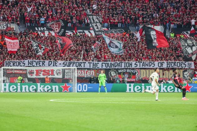 Europa League Bayer 04 Leverkusen AS Roma on 09 05 2024 at the BayArena in Leverkusen The fans of Bayer Leverkusen present a banner saying Heroes never die support the foundation stands of heroes MH