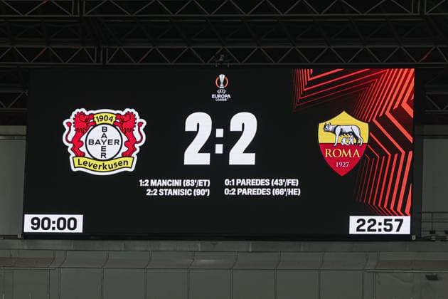 Europa League Bayer 04 Leverkusen AS Roma on 09 05 2024 at the BayArena in Leverkusen Scoreboard video screen with the official final score 2 to 2 Feature, symbol, symbolic photo, characteristic, detail MH