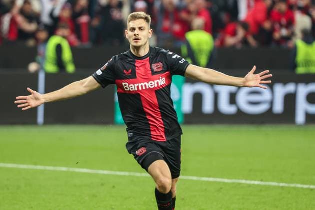 Europa League Bayer 04 Leverkusen AS Rome on 09 05 2024 at the BayArena in Leverkusen Cheering, goal celebration, goal scorer, goal scorer Josip Stanisic Leverkusen 2 celebrates after his goal to make it 2 - 2 MH