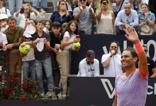 (240510) -- ROME, May 10, 2024 -- Rafael Nadal of Spain celebrates after the men s singles 1st round match against Zizou Bergs of Belgium at the Men s ATP, Tennis Herren Rome Open tennis tournament in Rome, Italy, May 9, 2024. (Photo by Xinhua) (SP)ITALY-ROME-TENNIS-ATP-ROME OPEN AxErbeituo¡¤lingeliya 