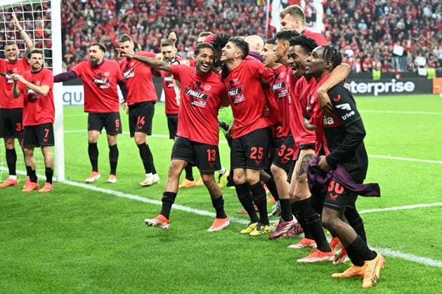 (240510) -- LEVERKUSEN, May 10, 2024 -- Players of Leverkusen celebrate after the UEFA Europa League semifinal 2nd leg match between Bayer 04 Leverkusen and Roma in Leverkusen, Germany, May 9, 2024. (Photo by Xinhua) (SP) GERMANY-LEVERKUSEN-FOOTBALL-UEFA EUROPA LEAGUE-SEMIFINALS-LEVERKUSEN VS ROMA UlrichxHufnagel 