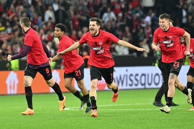 (240510) -- LEVERKUSEN, May 10, 2024 -- Players of Leverkusen celebrate after the UEFA Europa League semifinal 2nd leg match between Bayer 04 Leverkusen and Roma in Leverkusen, Germany, May 9, 2024. (Photo by Xinhua) (SP) GERMANY-LEVERKUSEN-FOOTBALL-UEFA EUROPA LEAGUE-SEMIFINALS-LEVERKUSEN VS ROMA UlrichxHufnagel 