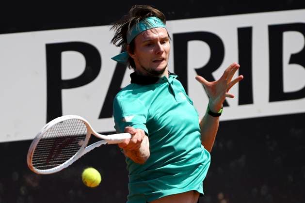 Alexander Bublik of Kazakhstan in action during the match against Nuno Borges of Portugal at the Internazionali BNL d Italia 2024 tennis tournament at Foro Italico in Rome, Italy on May 10, 2024. Nuono Borges defeated Alexander Bublik 6-4, 6-4. antoniettaxbaldassarre