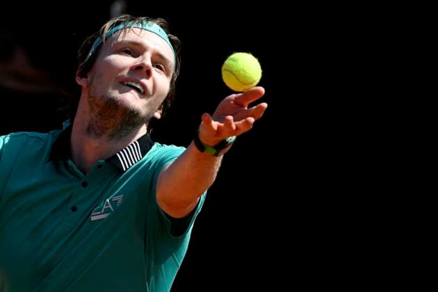 Alexander Bublik of Kazakhstan serves during the match against Nuno Borges of Portugal at the Internazionali BNL d Italia 2024 tennis tournament at Foro Italico in Rome, Italy on May 10, 2024. Nuono Borges defeated Alexander Bublik 6-4, 6-4. antoniettaxbaldassarre