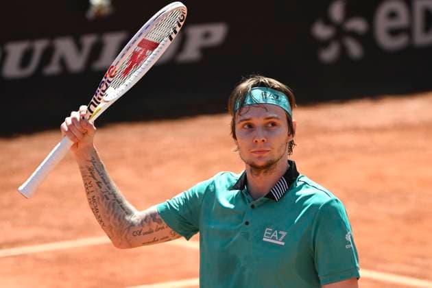 Alexander Bublik of Kazakhstan reacts during the match against Nuno Borges of Portugal at the Internazionali BNL d Italia 2024 tennis tournament at Foro Italico in Rome, Italy on May 10, 2024. Nuono Borges defeated Alexander Bublik 6-4, 6-4. antoniettaxbaldassarre