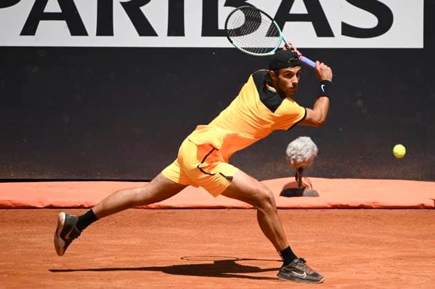 Terence Atmane of France in action during the match against Lorenzo Musetti of Italy at the Internazionali BNL d Italia 2024 tennis tournament at Foro Italico in Rome, Italy on May 10, 2024. Terence Altman defeated Lorenzo Musetti by withdrawal 7-5, 1-0. antoniettaxbaldassarre