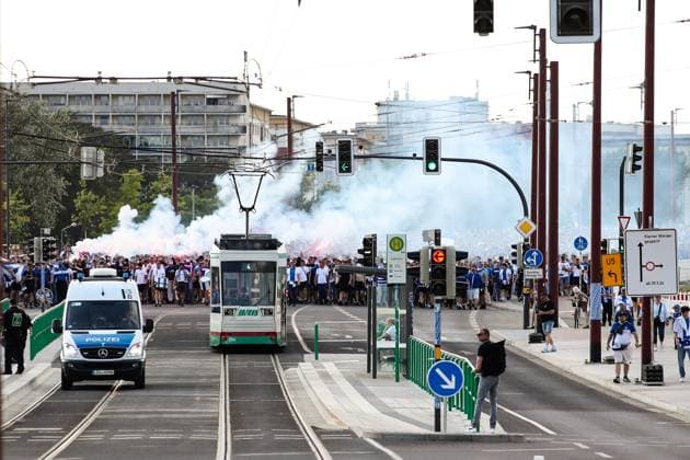 The Ultras have organized a fan march from the city centre to the arena before the last home game of the season 2 Football Bundesliga Season 2023 2024 1 FC Magdeburg vs SpVgg Greuther Fürth at the MDCC Arena in Magdeburg Football,Man,Men,Germany,10 05 2024