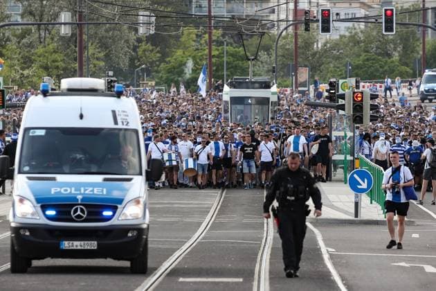 The Ultras have organized a fan march from the city centre to the arena before the last home game of the season 2 Football Bundesliga Season 2023 2024 1 FC Magdeburg vs SpVgg Greuther Fürth at the MDCC Arena in Magdeburg Football,Man,Men,Germany,10 05 2024