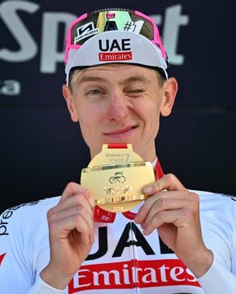 May 10, 2024, Perugia, ITALY: Slovenian rider Tadej Pogacar of Uae Emirates team celebrates on the podium after winnig the 7th stage of 107 Giro d Italia, an individual time trial 40,6 km from Foligno to Perugia, Italy, 10 May 2024..ANSA LUCA ZENNARO Giro d Italia 2024, 7 stage  - ZUMAa110 20240510_zaf_a110_069 Copyright: xLucaxZennarox