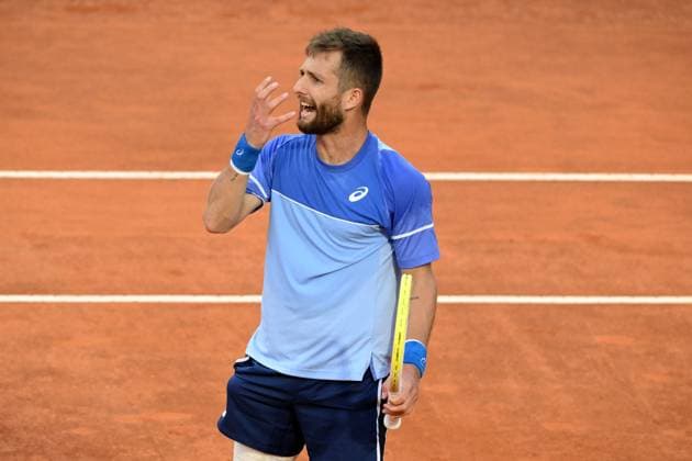 Corentin Moutet during the match against Novak Djokovic at the Internazionali BNL d Italia 2024 tennis tournament at Foro Italico in Rome, Italy on May 10th, 2024. antoniettaxbaldassarre