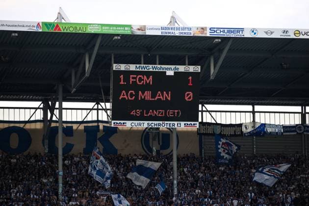 The score from the 1974 final is displayed with the goal sequence from that time, on the occasion of fifty years of European Cup victory 2 Football Bundesliga season 2023 2024 1 FC Magdeburg vs SpVgg Greuther Fürth at the MDCC Arena in Magdeburg Football,Men,Men,Germany,10 05 2024