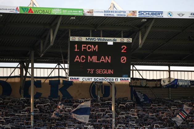 The score from the 1974 final is displayed with the goal sequence from that time, on the occasion of fifty years of European Cup victory 2 Football Bundesliga season 2023 2024 1 FC Magdeburg vs SpVgg Greuther Fürth at the MDCC Arena in Magdeburg Football,Men,Men,Germany,10 05 2024