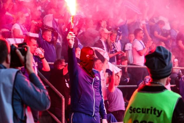The score from the 1974 final is displayed with the goal sequence from that time, on the occasion of the fiftieth anniversary of the European Cup victory for the 2 0 by Wolfgang Paule Seguin, the fans set off pyro in the entire stadium in the 73rd minute 2 Football Bundesliga season 2023 2024 1 FC Magdeburg vs SpVgg Greuther Fürth in the MDCC Arena in Magdeburg Football,Man,Men,Germany,10 05 2024