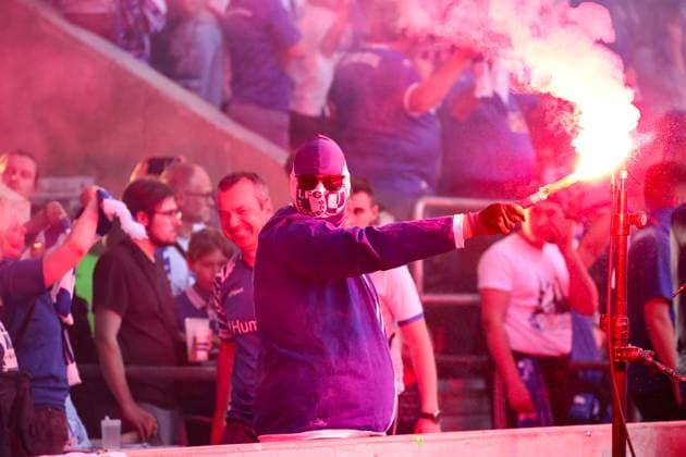 The score from the 1974 final is displayed with the goal sequence from that time, on the occasion of the fiftieth anniversary of the European Cup victory for the 2 0 by Wolfgang Paule Seguin, the fans set off pyro in the entire stadium in the 73rd minute 2 Football Bundesliga season 2023 2024 1 FC Magdeburg vs SpVgg Greuther Fürth in the MDCC Arena in Magdeburg Football,Man,Men,Germany,10 05 2024