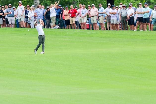 CHARLOTTE, NC - MAY 10: Adam Scott watches his shot from the first fairway during the second round of Wells Fargo Championship at Quail Hollow Club on May 10, 2024 in Charlotte, North Carolina. (Photo by David Jensen Icon Sportswire) GOLF: MAY 10 PGA, Golf Herren Wells Fargo Championship EDITORIAL USE ONLY Icon240510001