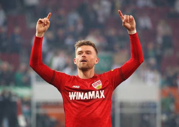 Augsburg , Bundesliga FC Augsburg vs VfB Stuttgart, Maximilian Mittelstädt VfB is pleased According to the regulations of the DFL German Football League, it is prohibited to exploit or have exploited photographs taken in the stadium and or of the match in the form of sequential images and or video-like photo series