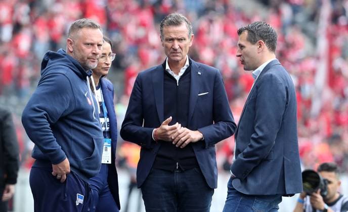 Coach Pal Dardai, Managing Director Thomas E Herrich, Sports Director Benjamin Weber Sport Football Soccer DFL 2 Bundesliga Men 33 Matchday Season 2023 2024 11 05 2024 Hertha BSC Berlin vs 1 FC Kaiserslautern FCK DFL regulations prohibit any use of photographs as image sequences and or quasi video