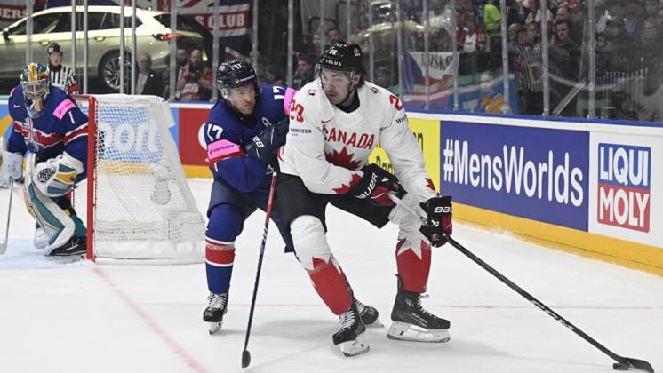 Great Britain vs Canada group A match of the 2024 IIHF World Championship, WM, Weltmeisterschaft in Prague, Czech Republic, on May 11, 2024. From right Mark Richardson of Canada, Nick Paul of Great Britain. (CTKxPhoto MichalxKamaryt) CTKPhotoP2024051102647  CTKPhotoP2024051102647