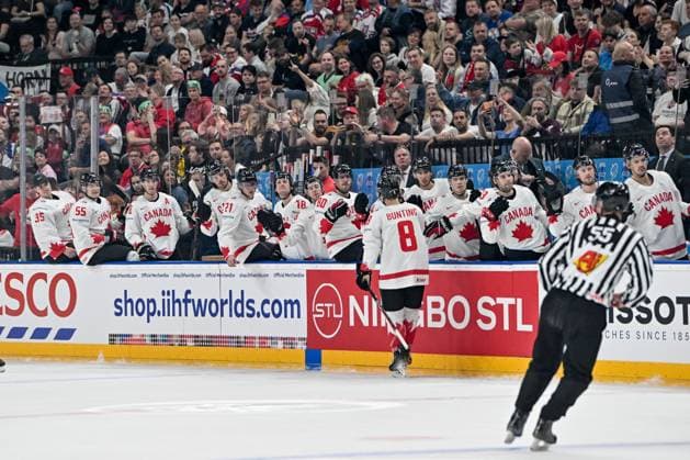 PRAGUE, CZECH REPUBLIC MAY 11 Michael Bunting of Canada celebrate his goal during the preliminary round match between Great Britain and Canada at Prague Arena on May 11, 2024 in Prague, Czech Republic Prague Prague Arena Czech Republic Copyright: xJustPictures.ch AndreaxBrancax jp-en-EuSpIm-AB_11052024_AAB_4472