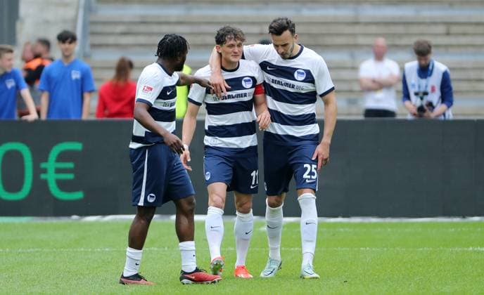 Haris Tabakovic celebrates after 1 0 with Fabian Reese, Deyovaisio Zeefuik Sport Football Soccer DFL 2 Bundesliga Men 33 Matchday Season 2023 2024 11 05 2024 Hertha BSC Berlin vs 1 FC Kaiserslautern FCK DFL regulations prohibit any use of photographs as image sequences and or quasi video