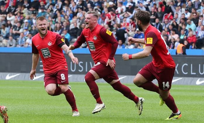 Marlon Ritter cheers after 1 1 with Jean Zimmer, Nikola Soldo joy emotion jubilation Sport Football Soccer DFL 2 Bundesliga Men 33 Matchday Season 2023 2024 11 05 2024 Hertha BSC Berlin vs 1 FC Kaiserslautern FCK DFL regulations prohibit any use of photographs as image sequences and or quasi video