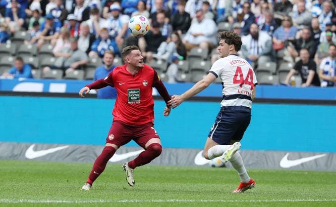 Marlon Ritter in a duel with Linus Gechter Sport Football Soccer DFL 2 Bundesliga Men 33 Matchday Season 2023 2024 11 05 2024 Hertha BSC Berlin vs 1 FC Kaiserslautern FCK DFL regulations prohibit any use of photographs as image sequences and or quasi video