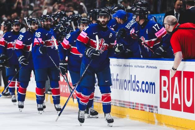 Ice hockey, Eishockey - IIHF WC 2024 PRAGUE,CZECH REPUBLIC,11.MAY.24 - ICE HOCKEY - IIHF Ice Hockey World Championship, WM, Weltmeisterschaft 2024, group stage, Great Britain vs Canada. Image shows the rejoicing of Liam Kirk (GBR).  GEPAxpictures xDanielxGoetzhaber