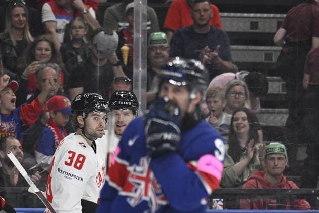 Great Britain vs Canada group A match of the 2024 IIHF World Championship, WM, Weltmeisterschaft in Prague, Czech Republic, on May 11, 2024. At left Brandon Hagel of Canada celebrates goal. (CTKxPhoto MichalxKamaryt) CTKPhotoP2024051102798  CTKPhotoP2024051102798
