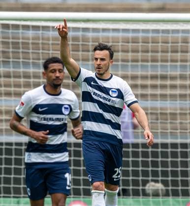 Soccer, Men, Season 2023 2024, 2 Bundesliga 33 Matchday , Hertha BSC 1 FC Kaiserslautern, f l Jeremy Dudziak Hertha BSC , Haris Tabakovic Hertha BSC , Celebration after goal to 1 0, 11 05 2024, Copyright: xSebastianxRäppold MatthiasxKochx