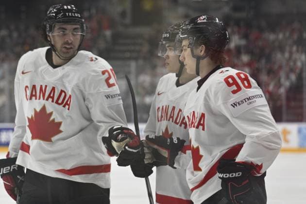 Great Britain vs Canada group A match of the 2024 IIHF World Championship, WM, Weltmeisterschaft in Prague, Czech Republic, on May 11, 2024. From right (front) Nick Paul, Connor Bedard of Canada celebrate goal. (CTKxPhoto MichalxKamaryt) CTKPhotoP2024051102859  CTKPhotoP2024051102859