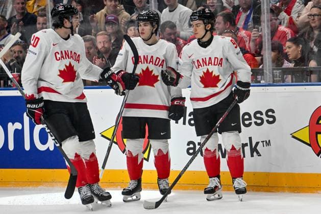 PRAGUE, CZECH REPUBLIC MAY 11 Connor Bedard of Canada R celebrate his goal with Michael Bunting of Canada C and Nick Paul of Canada L during the preliminary round match between Great Britain and Canada at Prague Arena on May 11, 2024 in Prague, Czech Republic Prague Prague Arena Czech Republic Copyright: xJustPictures.ch AndreaxBrancax jp-en-EuSpIm-AB_11052024_AAB_5017