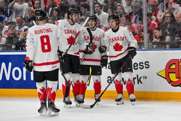 PRAGUE, CZECH REPUBLIC MAY 11 Connor Bedard of Canada R celebrate his goal during the preliminary round match between Great Britain and Canada at Prague Arena on May 11, 2024 in Prague Prague, Czech Republic Prague Prague Arena Czech Republic Copyright: xJustPictures.ch AndreaxBrancax jp-en-EuSpIm-AB_11052024_AAB_5028