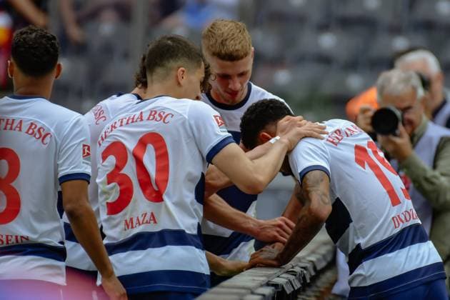 11 05 2024, xlakx, Fußball 2 Bundesliga, Hertha BSC Berlin 1 FC Kaiserslautern emspor, v l Ibrahim Maza Hertha BSC 30 ,Marton Dardai Hertha BSC 31 ,Jeremy Dudziak Hertha BSC 19 ,Jubel nach dem 2 1 DFL DFB REGULATIONS PROHIBIT ANY USE OF PHOTOGRAPHS as IMAGE SEQUENCES and or QUASI VIDEO Daniel Lakomski Jan Huebner Berlin