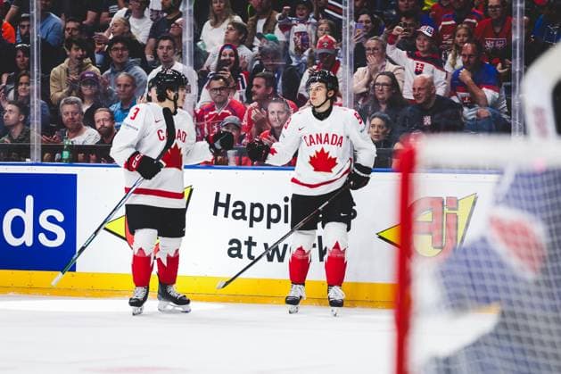 Ice hockey, Eishockey - IIHF WC 2024 PRAGUE,CZECH REPUBLIC,11.MAY.24 - ICE HOCKEY - IIHF Ice Hockey World Championship, WM, Weltmeisterschaft 2024, group stage, Great Britain vs Canada. Image shows the rejoicing of Olen Zellweger and Connor Bedard (CAN).  GEPAxpictures xDanielxGoetzhaber
