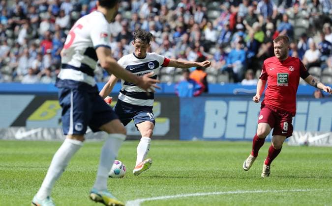 Fabian Reese scores the goal to make it 3 1 Sport Soccer Football DFL 2 Bundesliga Men 33 Matchday Season 2023 2024 11 05 2024 Hertha BSC Berlin vs 1 FC Kaiserslautern FCK DFL regulations prohibit any use of photographs as image sequences and or quasi video